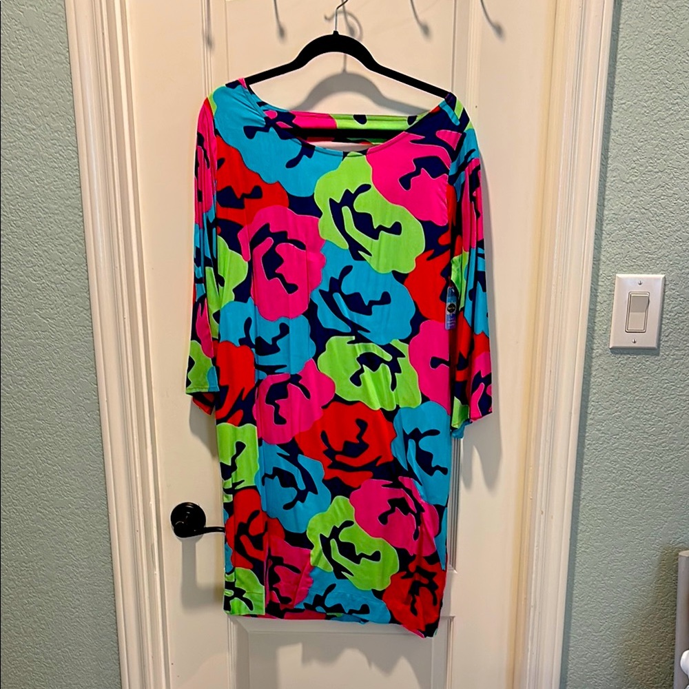 Pink and Blue Sheath Dress with Dolman Sleeves